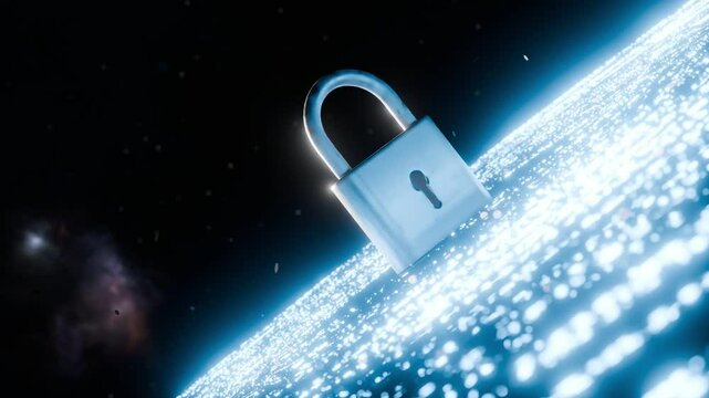 Metal padlock standing on glowing blue digital surface in dark space. Cyber security and data protection concept. Design for poster, banner, wallpaper, header