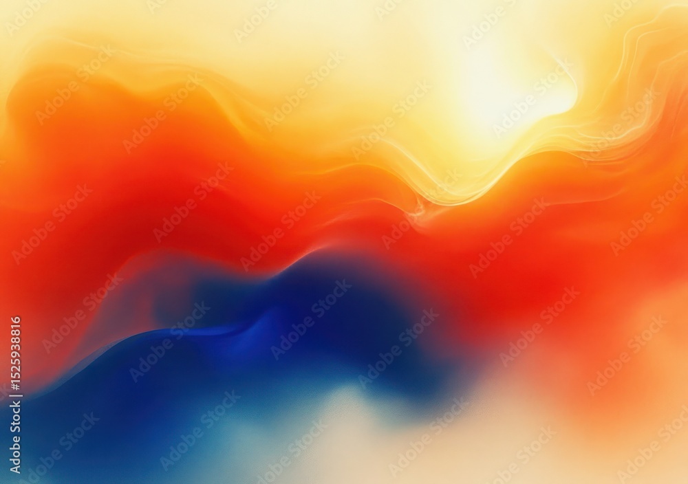 Poster abstract flowing colors blending smoothly with warm orange, red, blue, and soft yellow hues creating