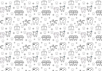 Dental care seamless pattern with teeth, toothbrush, toothpaste, medical equipment. Modern outline vector illustration. Health care background for dentistry clinic, branding, advertisement
