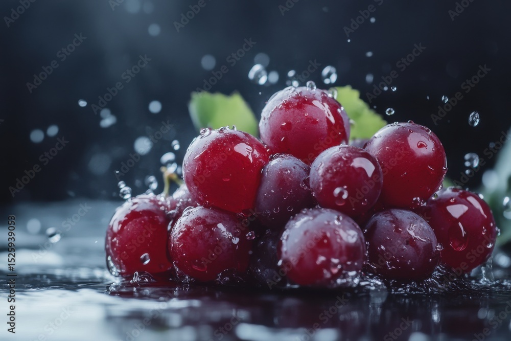 Poster grape berries fall onto wet surface creating splashes in ultra slow motion, grape berries falling on