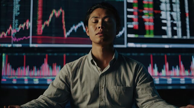 Man meditating in front of stock market charts on screens for mindfulness and stress management at work