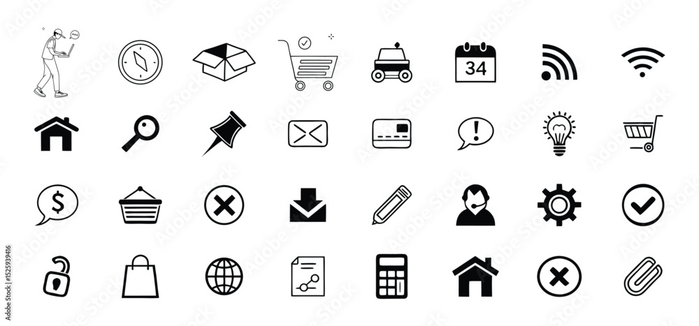 Poster collection of modern black and white website and application icons for web design and user interface