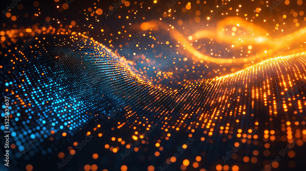 Poster abstract cloud computing with digital hologram and flowing data in blue golden light backdrop