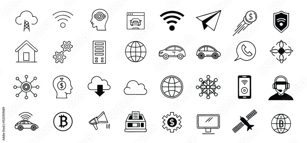Poster collection of modern line art icons depicting connectivity digital technologies and communication el