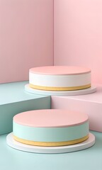 Colorful pastel stage podiums with pink, mint, and gold tones in abstract geometric background, ideal for cosmetic branding, fashion mockups, or modern 3D promotional product displays.