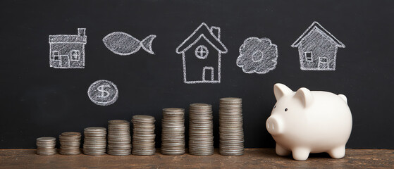 Piggy bank savings for financial planning, piggy bank savings with coin stacks for goal budgeting. Piggy bank surrounded by coins and drawings.