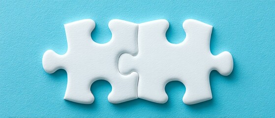 Perfect puzzle match teamwork solution with perfect puzzle match for business collaboration. Two white puzzle pieces connecting on blue surface.