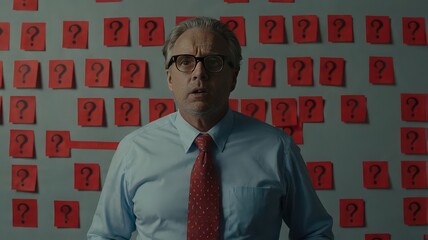 Man in shirt and tie stands before wall covered in red question mark sticky notes looking confused
