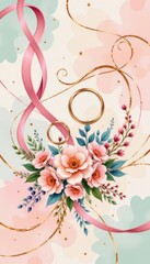 Elegant floral composition with pink roses and blue leaves adorned with ribbons and golden s in a delicate pastel background for celebration decoration