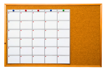 Monthly calendar board with space for notes and reminders isolated with transparent background