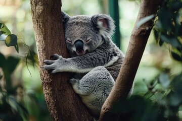 Koala bear enjoys a nap while scratching its fur on a sturdy tree branch in the lush forest, Koala bear scratches fur and takes a nap on tree branch of Australia forest