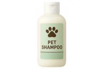 White plastic pet shampoo bottle displaying light green label with brown paw print, positioned against transparent surface