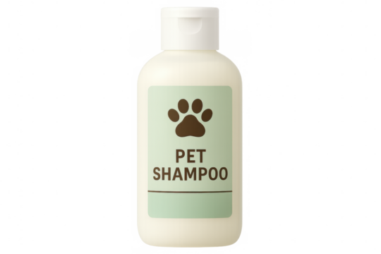 White plastic pet shampoo bottle displaying light green label with brown paw print, positioned against transparent surface