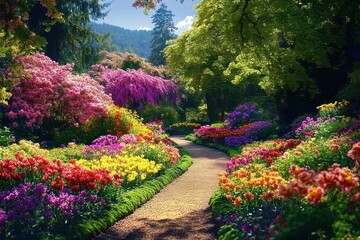 Obraz premium Vibrant garden pathway surrounded by colorful blooming flowers and lush greenery under bright sunlight with distant forested hills and clear blue sky