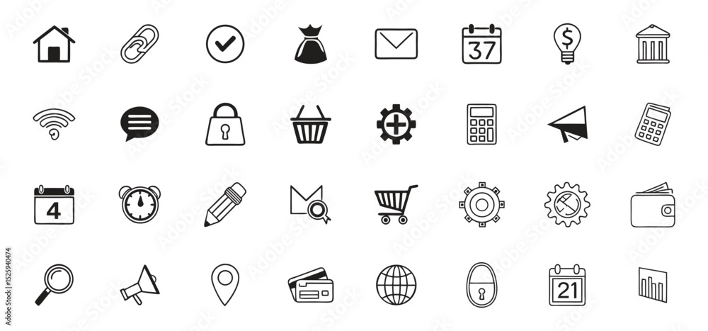 Poster collection of thirty two vector icons representing various concepts for business and everyday digita