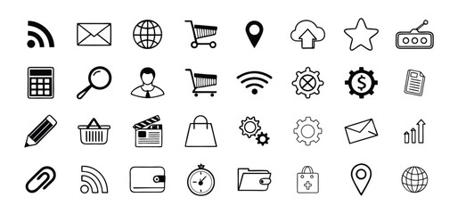 Collection of stylish black and white icons representing communication and business concepts