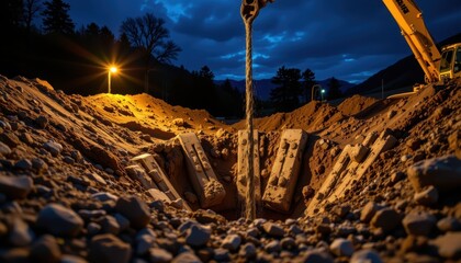 Obraz premium nighttime concrete pour into pile shaft, symbolizing precision in deep foundation work.