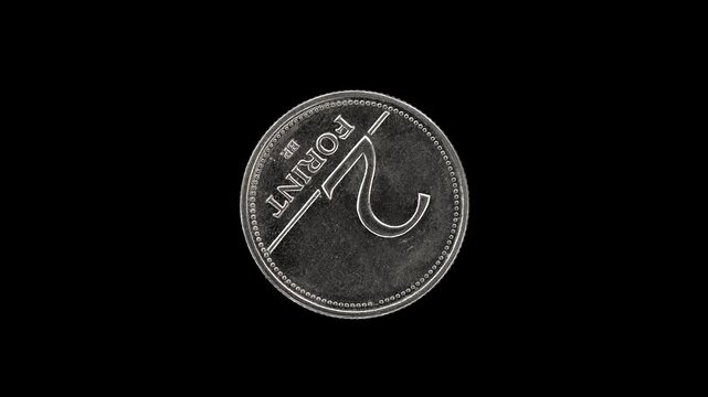 Hungary 2 forint 2000 reverse with denomination and minimalist layout, macro loop on black background