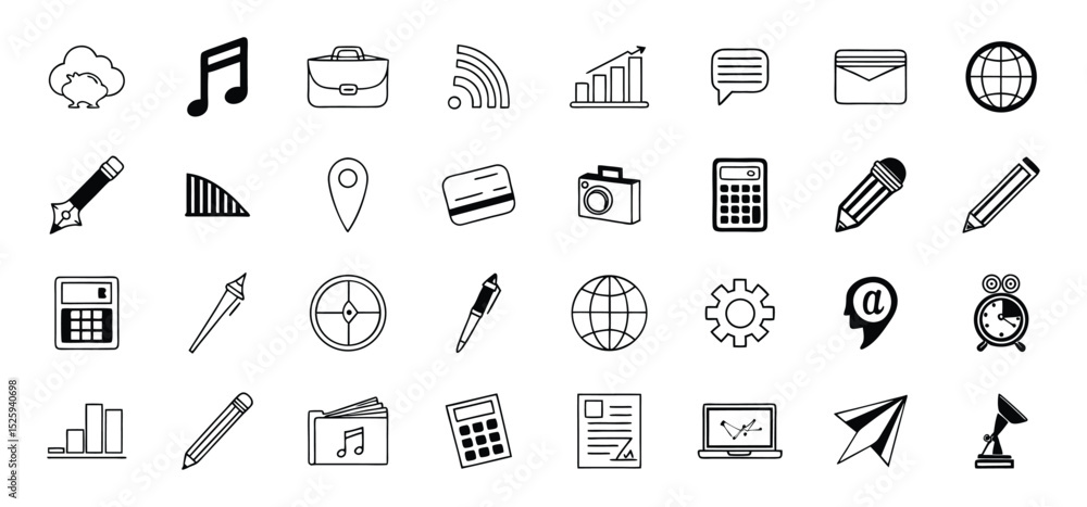 Poster collection of various line icons representing concepts like business communication music and finance