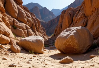 massive boulders resting in a dry canyon basin, golden sunlight catching rough surfaces, deep shadows, sand and stone dominating the scene.