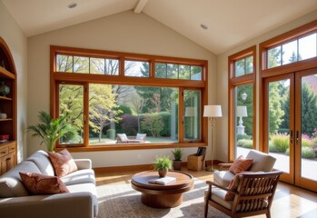 Fototapeta premium wooden casement windows opened wide, letting fresh air flow through a naturally ventilated living room.