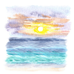 Watercolor image turquoise sea and Sunset sky