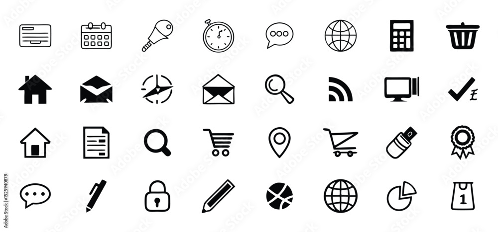 Poster collection of vector icons featuring various web and business related elements in minimalist black a
