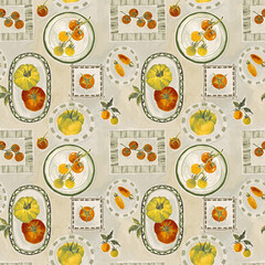 Mediterranean summer seamless pattern featuring cute Italian cuisine elements, farm tomatoes, and traditional ceramic plates. Perfect for textile design, wallpaper, packaging, and kitchen-themed