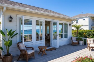 a seaside cottage with large swing out windows catching coastal breezes for natural cooling.