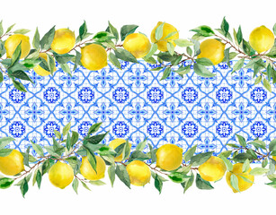 Elegant horizontal seamless pattern with yellow lemons, green foliage, and blue azulejo-style tiles. Perfect for kitchen wallpaper, table runners, fabric design, packaging, and Mediterranean or