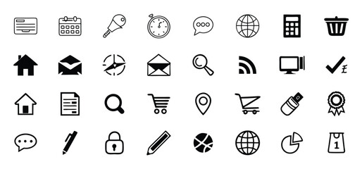 Collection of vector icons featuring various web and business related elements in minimalist black and white style