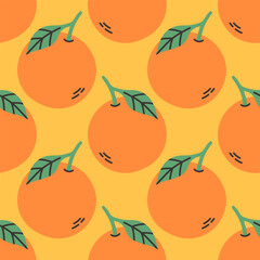 Orange summer pattern on yellow background. Simple seamless pattern with oranges. Vector design for greeting card and invitation of seasonal summer holiday