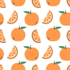 Orange summer pattern on white background. Simple seamless pattern with oranges and slices. Vector design for greeting card and invitation of seasonal summer holiday