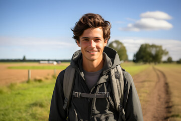 Young man smiling at the camera on a sunny day in a rural landscape with fields and trees