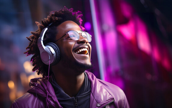Young african man listening to music with headphones and looking up, lit by pink light in the evening