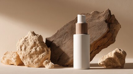 A white mockup of an organic skincare bottle sits on a table, accompanied by a large piece of wood and brown, earthy rocks. The background is a beige color.
