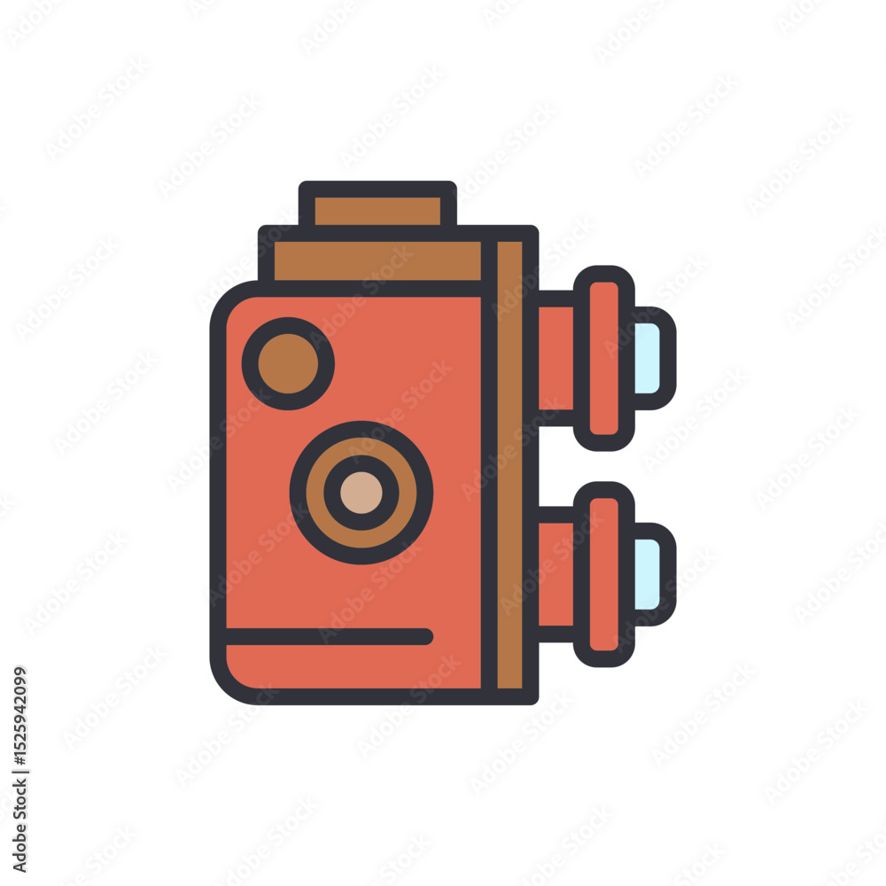 Poster retro style camera icon with distinctive lens and buttons design