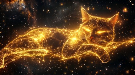 88.A glowing golden Cancer constellation shining against the deep dark space, with the stars connected by luminous golden threads. The rich, vast backdrop includes a glowing galaxy and distant nebula