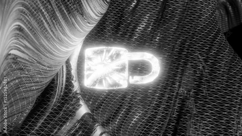 Poster glowing white padlock over abstract digital mesh surface in dark space. cyber security and data encr