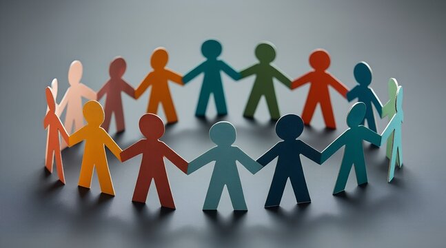 A circle of colorful paper people holding hands in unity