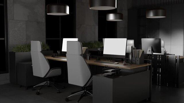 Modern office interior with desks, chairs, computers and yellow lighting. Contemporary workplace and technology environment concept. Design for banner, poster, wallpaper, header