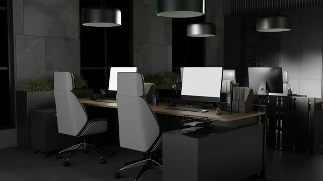Modern office interior with desks, chairs, computers and green lighting. Contemporary workplace and technology environment concept. Design for banner, poster, wallpaper, header