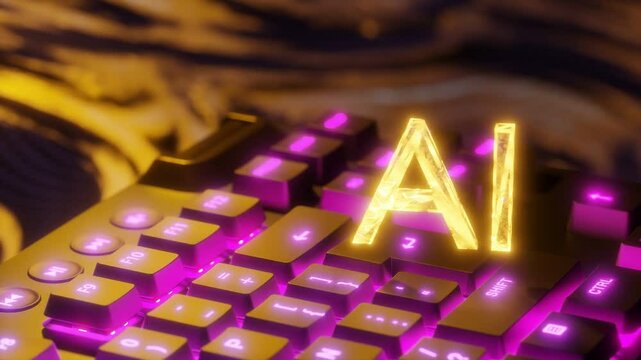 Glowing yellow letters AI above illuminated computer keyboard with digital background. Artificial intelligence and technology concept. Design for banner, poster, wallpaper, header