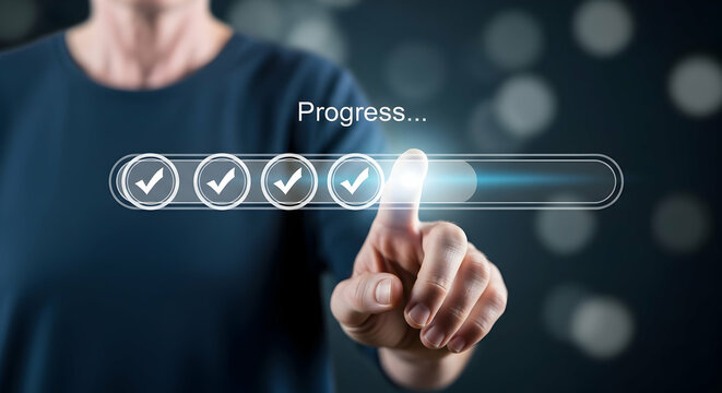 Progress Bar Completion: Hand Activating Digital Interface with Checkmarks - Powered by Adobe