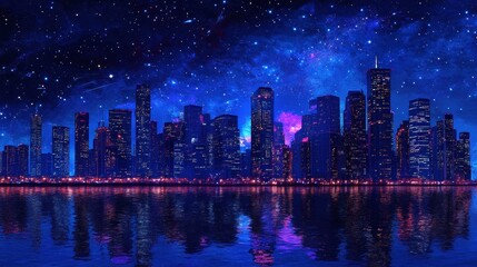 Night Cityscape  Purple Galaxy  Skyline Reflection