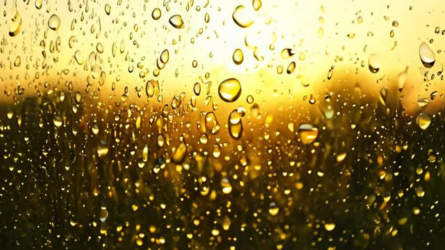 Macro closeup of cold yellow beer condensation drops on glass creating a bright abstract texture