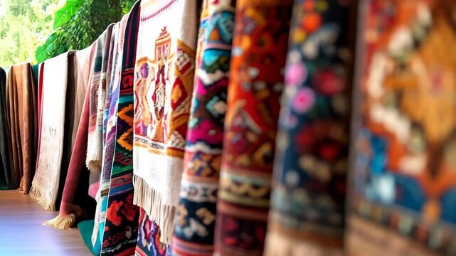 Close up of vibrant handmade textiles and rugs with traditional patterns and colorful designs hanging vertically outside on display for sale.