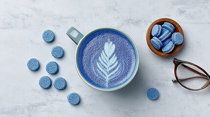 Blue patterned latte with round blue candies and macarons.