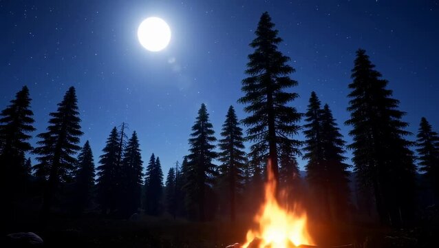 Campfire glowing warmly in pine forest clearing beneath full moon and starry night sky. Nature concept
