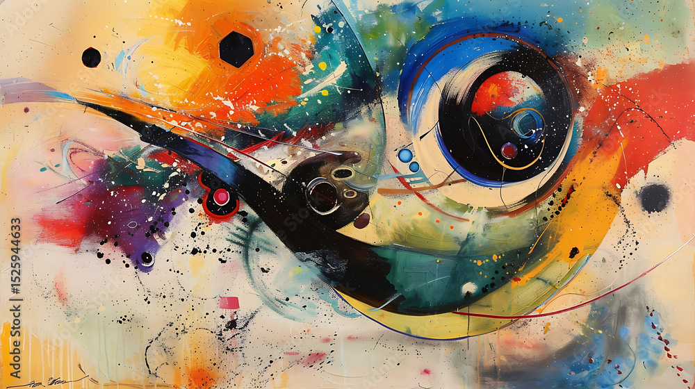 Poster a vibrant abstract painting features a dynamic interplay of colors, shapes, and textures, creating a